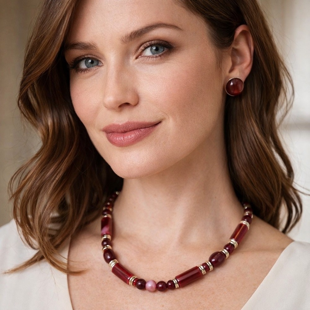 Vintage Genuine Lucite Cherry Red Marbled Bead Necklace and Earring Jewelry Set